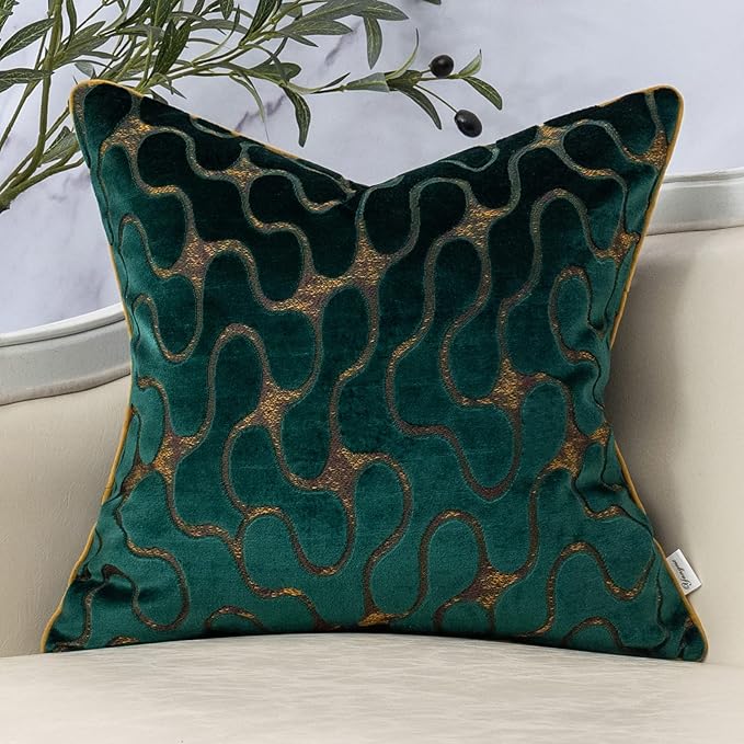Yangest Green Square Throw Pillow Cover Wavy Velvet Cushion Cover Modern by Yangest
