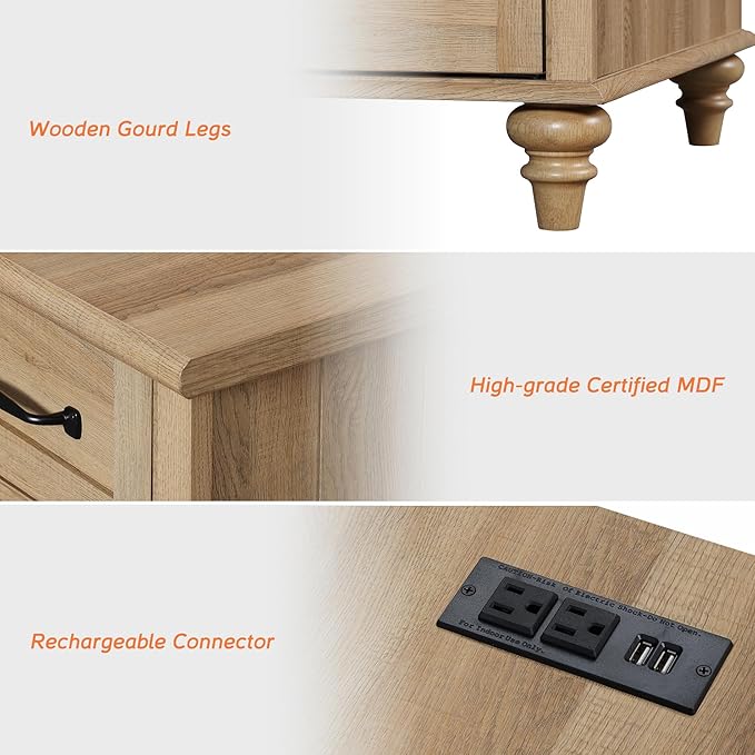 WAMPAT End Table with Charging Station, Wood Side Table with Drawer and Storage - Image 7