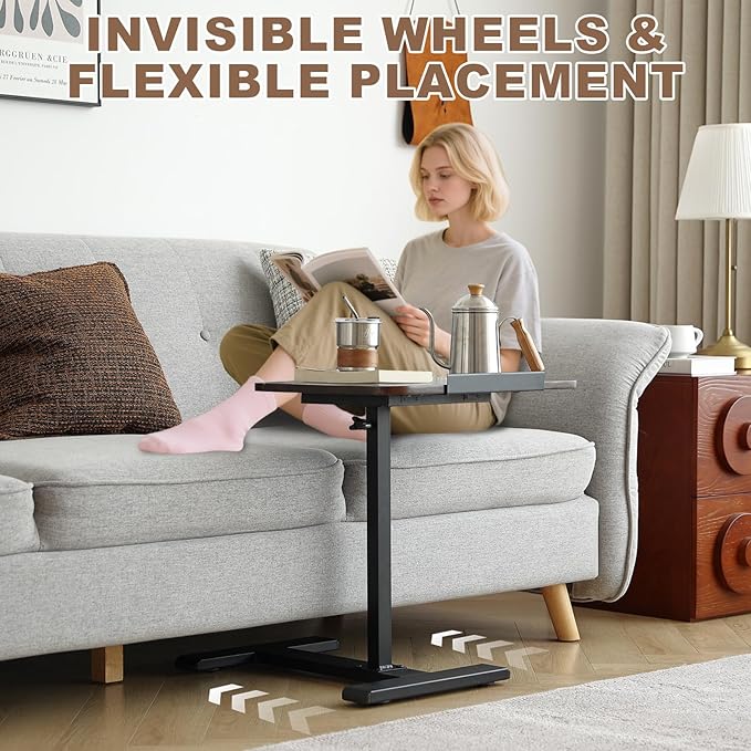 Solid Wood C-Shaped Side Table, 360° Rotating TV Tray Table, Height-Adjustable - Image 5