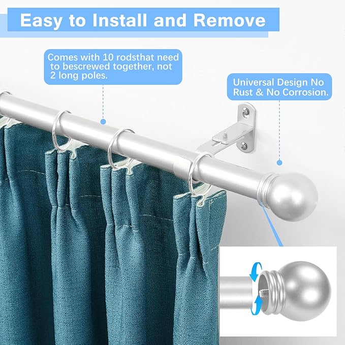 Curtain Rods for Windows 16 to 150 Inches, Curtain Rod Max Adjustable Length of - Image 2