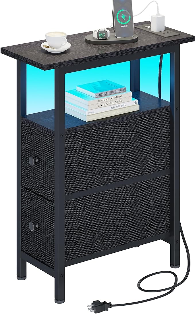 End Table with Charging Station, Narrow Side Table with 2 Fabric Drawers by TRIFEBLE