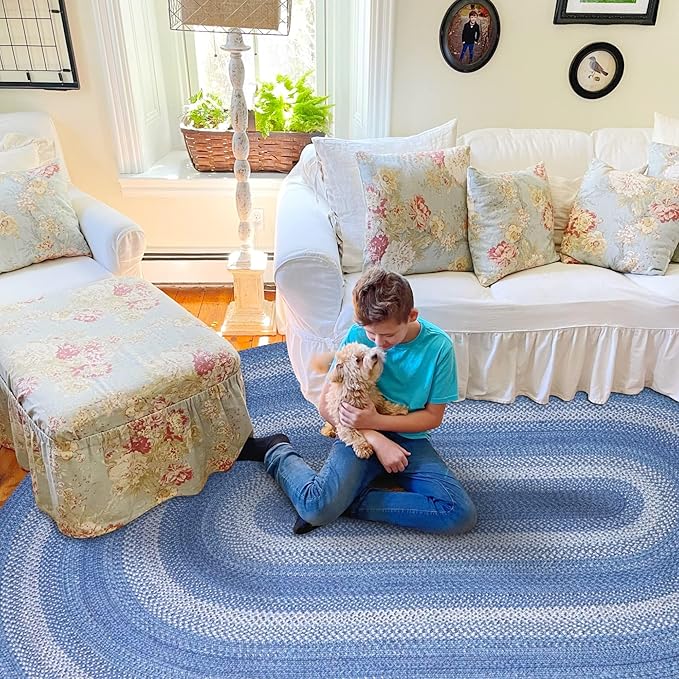 Homespice Denim Jute Blue 8x10' Braided Oval Area Rugs by Homespice
