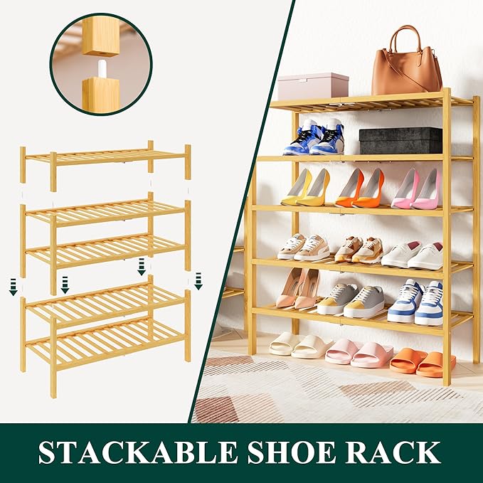 Smiry Shoe Rack, 2 Tier Thick Bamboo Shoe Organizer, Stackable Free Standing - Image 4