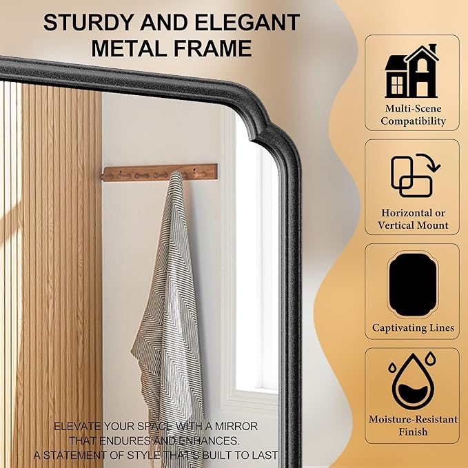 26"x40" Rustproof Bathroom Mirror Black, Round Corner Metal Frame Wall Mirror - Image 9