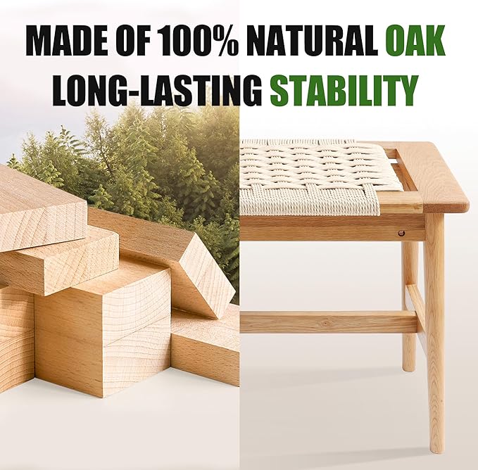 33.5" L Wood Dining Bench Indoor, 100% Natural Solid Oak Bed Bench Hand Woven - Image 5