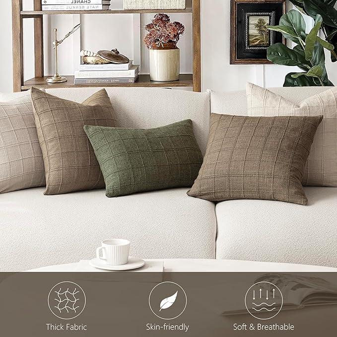 Foindtower Set of 2 Decorative Linen Check Throw Pillow Covers Neutral - Image 7