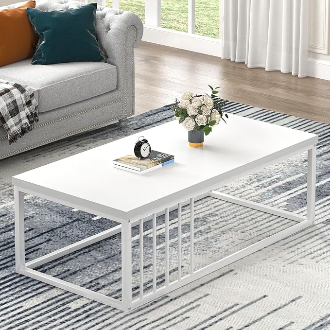 FOLUBAN White Coffee Table, Modern Rustic Wood and Metal Center Table, by FOLUBAN
