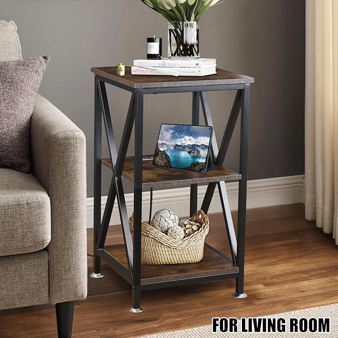 Square End Table with Charging Station, 3-Tier End Table Living Room, Wood and - Image 2