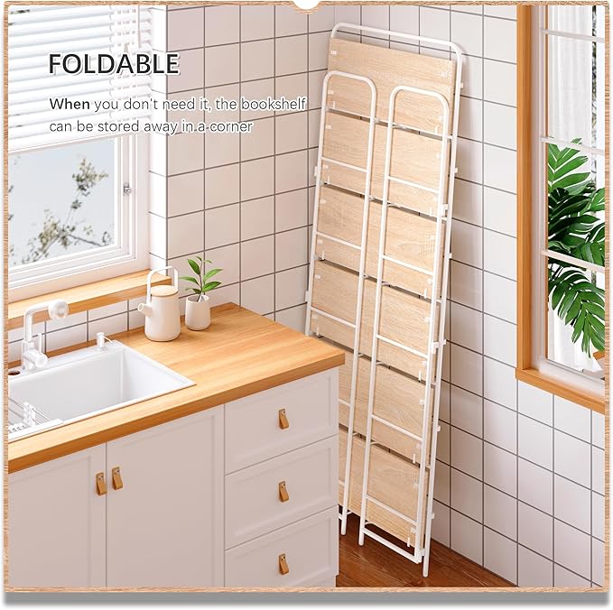 4NM No Assembly Folding Bookshelf 6 Tiers Vintage Industrial White Book Shelf - Image 4