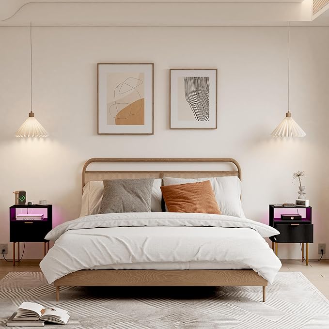 Modern Nightstand with Charging Station and LED Lights, Fluted Nightstand - Image 5