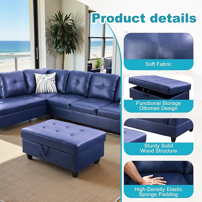 L Shaped Couch PU Leather Sectional Couch Upholstered 3 Pieces Sofas - Image 5