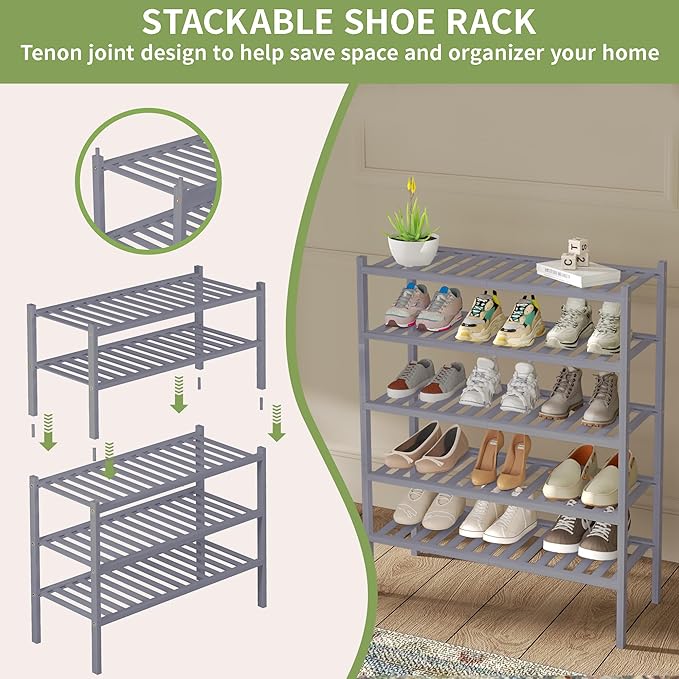 2 Tier Bamboo Shoe Rack for Closet Free Standing Wood Shoe Shelf for Entryway - Image 5