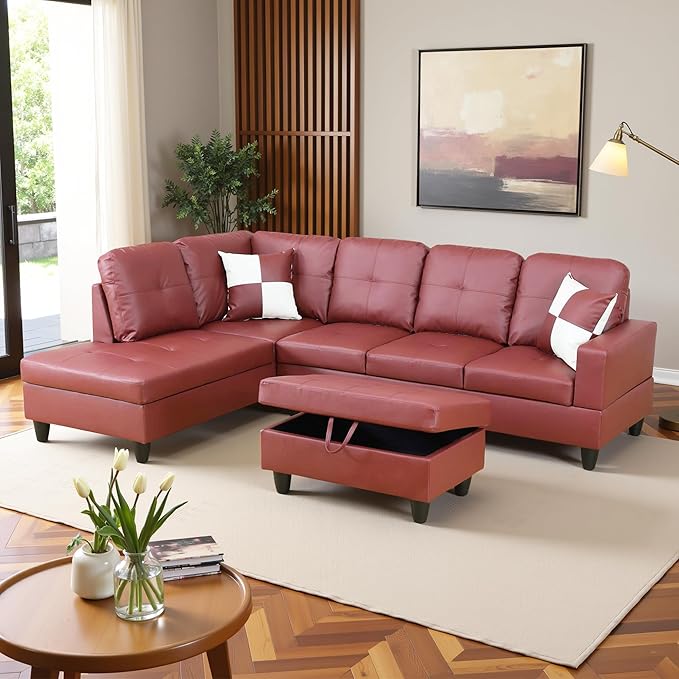 L Shaped Couch Faux Leather Sectional Couch Upholstered 3 Pieces Sofas by LynginsCreativeLife