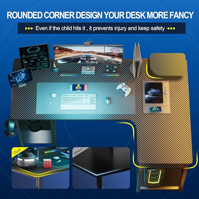 GTRACING Gaming Desk with Drawers, Carbon Fiber Style L Shaped Computer Desk - Image 4
