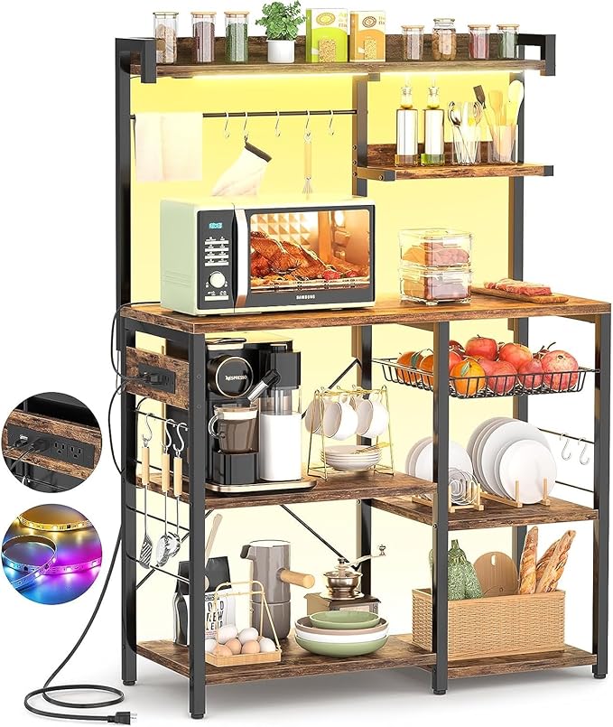 Aheaplus Bakers Rack with Power Outlet and LED Light Strings, Microwave Oven by Aheaplus