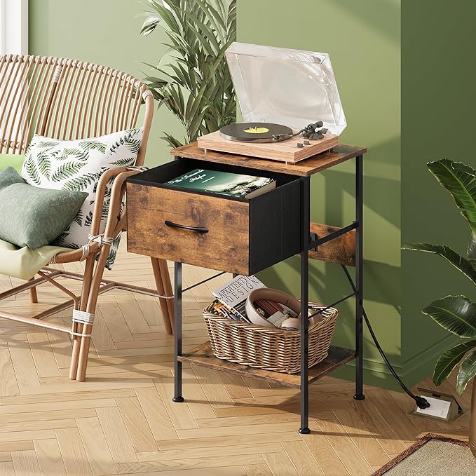 WLIVE Night Stand with Charging Station, Small Nightstand with Fabric Drawer - Image 6
