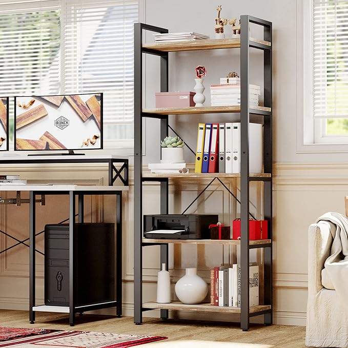IRONCK Bookshelf 5-Tier Ladder Shelf 110 lbs Shelf Vintage Industrial Style - Image 2