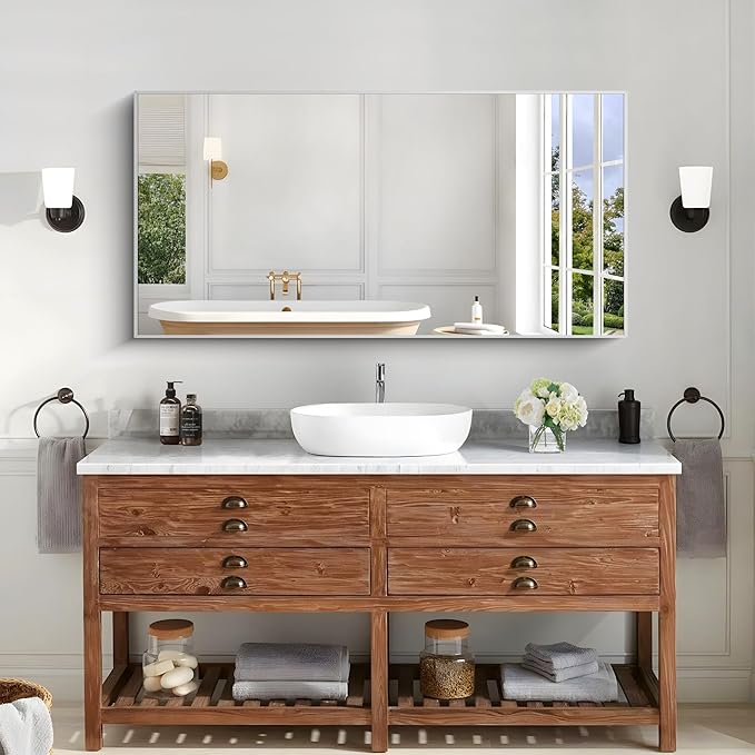KOCUUY 24x48 Inch Large Silver Wall Mounted Mirror, Brushed Nickel Framed - Image 2