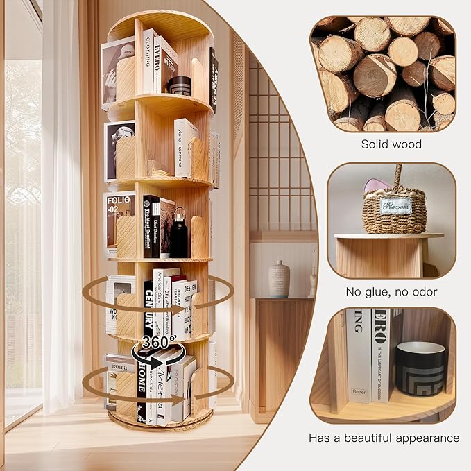 Rotating Bookshelf, 360 Display Round 5 Tier Floor Standing Bookcase Storage - Image 6