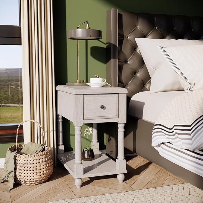 Narrow End Table with Drawer and Open Storage Shelf, Solid Wood Sofa Side Table - Image 4