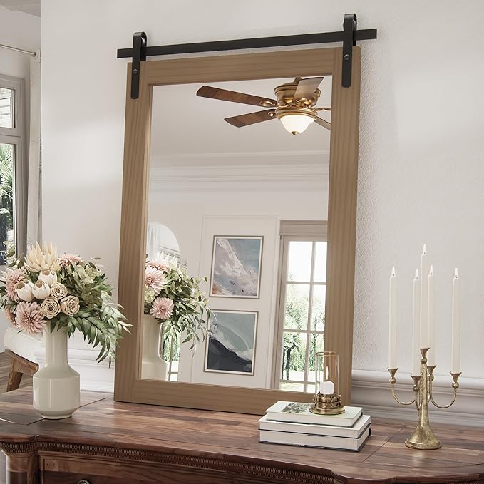Brown Farmhouse Mirror for Wall, 22x30INCH Wood Framed Rectangle Bathroom - Image 4