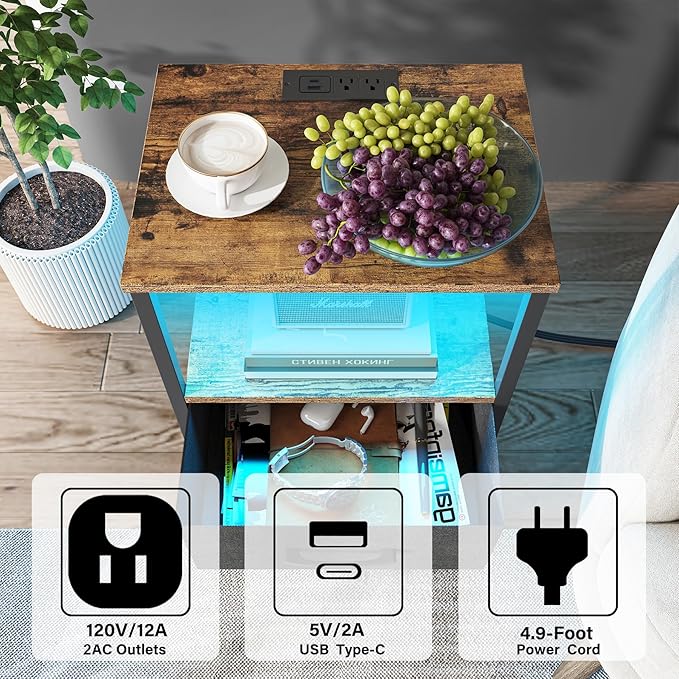 TUTOTAK LED End Table with Charging Station, Nightstand with Cloth Drawer - Image 5