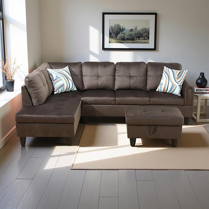 L Shaped Couch Modern Sectional Couch Upholstered Flannel Fabric 3 Pieces Sofas by LynginsCreativeLife