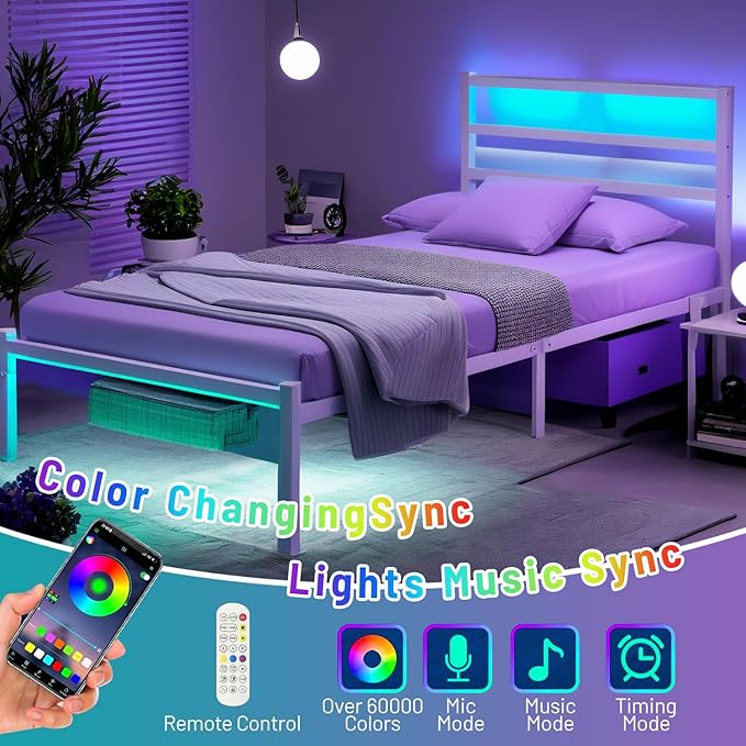 Twin Bed Frame with Headboard, Heavy Duty Steel Slats Support-LED Bed Frame - Image 3