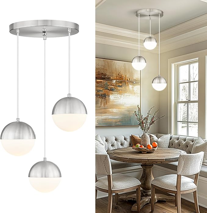 LMS Modern Brushed Nickel 3-Light Cluster Pendant Lights, Mid Century Pendant by LMS