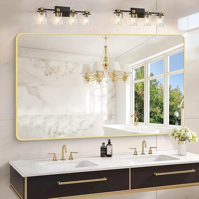 55x36 Inch Gold Bathroom Mirror, Metal Framed Large Rectangle Mirror, Rounded by WelcometoCIVENO