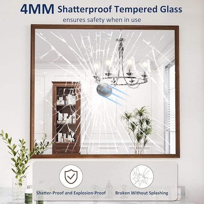 WEER Bathroom Mirror, 40x36 Inch Wall Mirror, Walnut Wood Grain Framed Mirror - Image 2