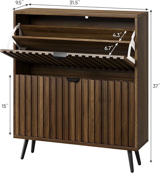 Smuxee Shoe Cabinet with 2 Flip Drawers, 31.5" Walnut Hidden Shoe Storage - Image 2