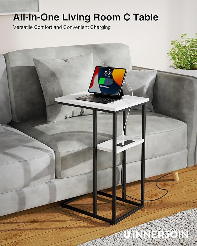 Innerjoin Side Table with Charging Station Set of 2, C Shaped End Table with - Image 6