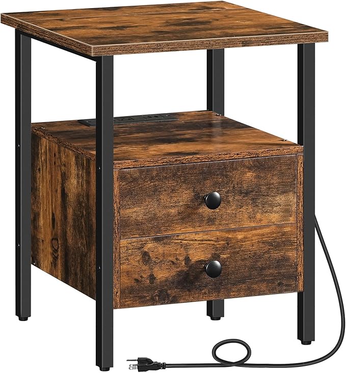 HOOBRO End Table with Charging Station, Bedside Table with 2 Drawer & USB Port by HOOBRO