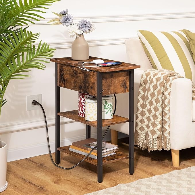 HOOBRO End Table with Charging Station, Narrow Side Table, Flip Top Nightstand - Image 2