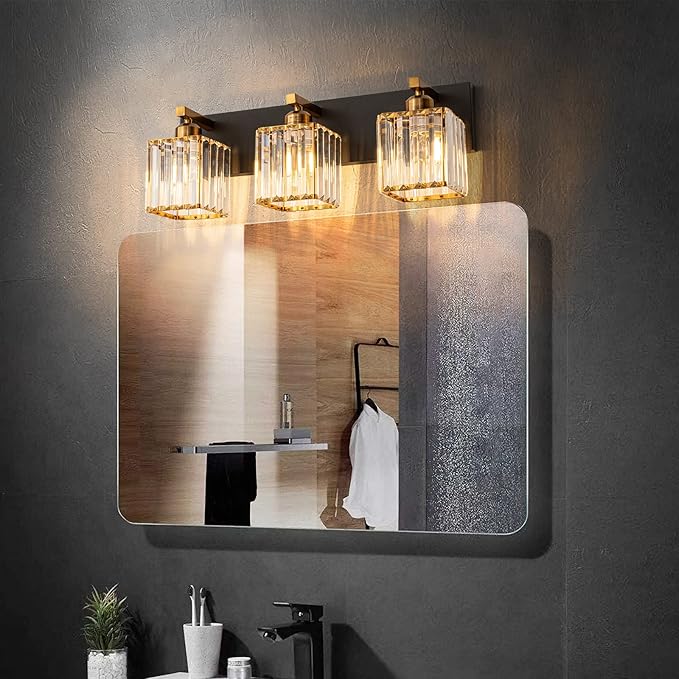 Modern Bathroom Vanity Light 3-Lights Black Gold Crystal Bathroom Wall Light - Image 3