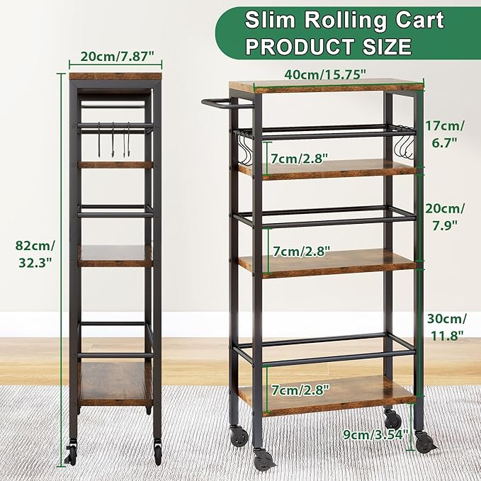IBUYKE 7.8" Slim Rolling Cart, 4-Tier Metal Kitchen Storage Cart, Trolley cart - Image 5