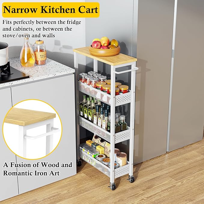 Utility Slim Storage Cart, 4 Tier Small Rolling Kitchen Laundry Room Cart - Image 3