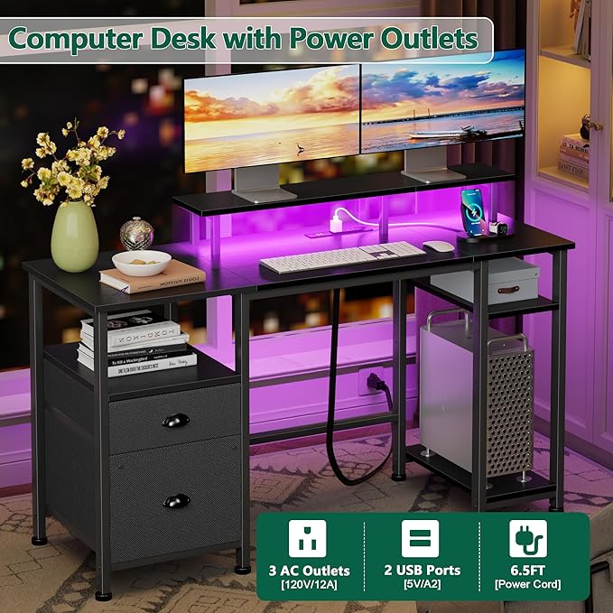 Furologee 51" Gaming Desk with Power Outlets & LED Lights, Reversible Computer - Image 3