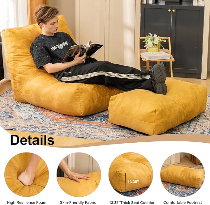 Bean Bag Chair with Ottoman, Comfy Bean Bag Sofa with Memory Foam, Lazy BeanBag - Image 4