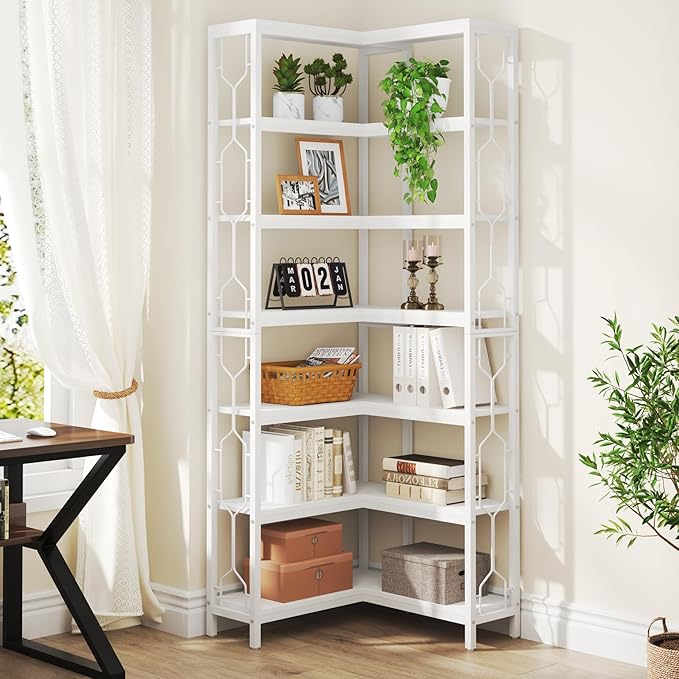 Tribesigns Corner Shelf, 7-Tier Industrial Corner Bookshelf, Wood and Metal - Image 3