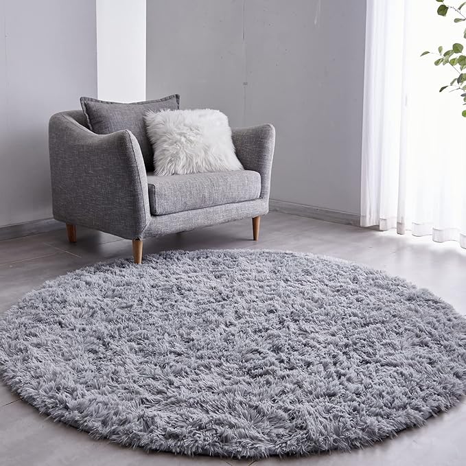 FJZFING Grey Round Rug Ultra-Soft Plush Modern 5x5 Circle Area Rug by FJZFING