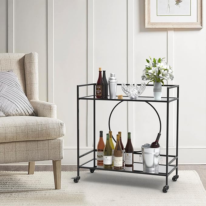 RiteSune Black Bar Cart with Wheels, Vintage Serving Cart Wine Cart with 2 by RiteSune