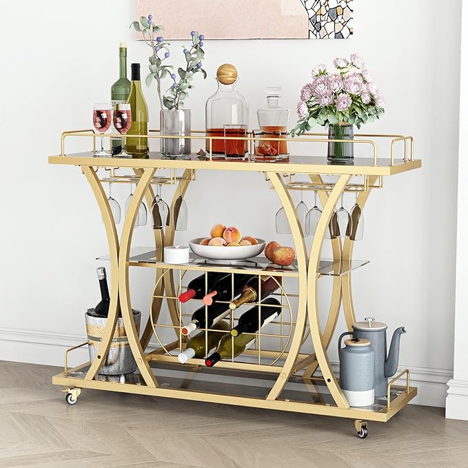 Gold Bar Carts with Glass Holders & Wine Rack, 3 Tier Home Bar Serving Carts by FABOMEI
