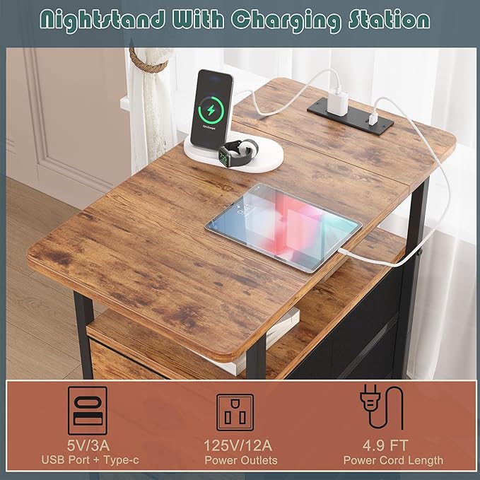 End Table with Charging Station, Side Tables Livingroom with USB Ports and - Image 4
