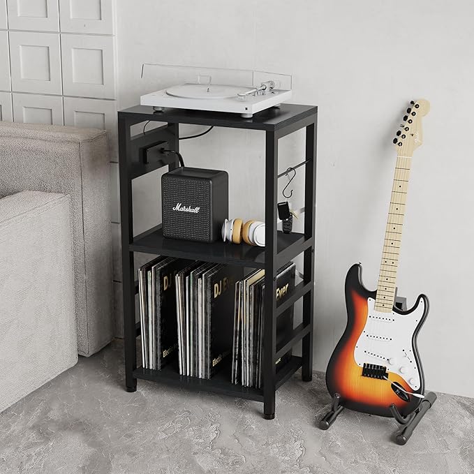 End Table with LED Light, Record Player Stand with Charging Station, Vinyl - Image 2