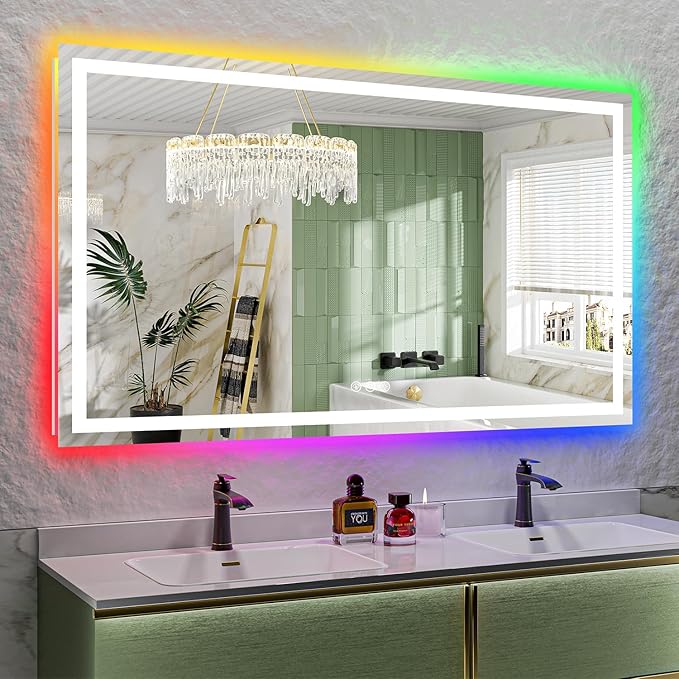 68x40 Inch RGB LED Bathroom Mirror Front Light and RGB Backlit Lighted Vanity by YEELAIT