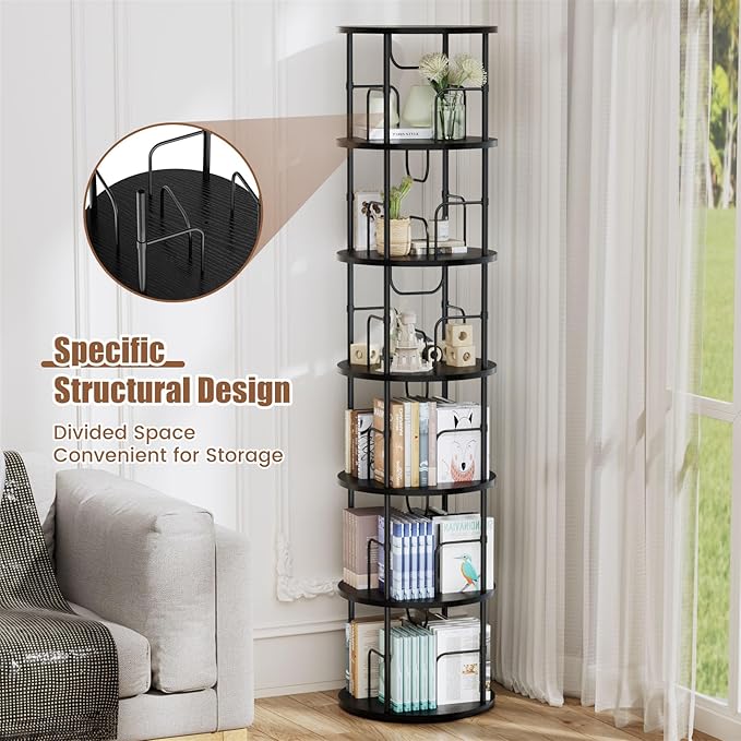 6 Tier Rotating Bookshelf, 360 ° Display Stackable Spinning Bookshelf Tower - Image 3