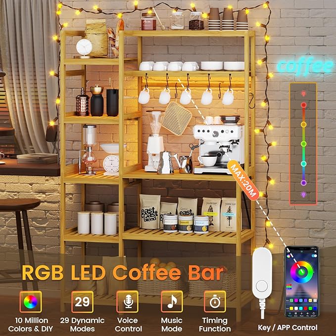 Bakers Rack with Power Outlet, Coffee Bar, 10-Tier Kitchen Shelves with 8 Hooks - Image 4