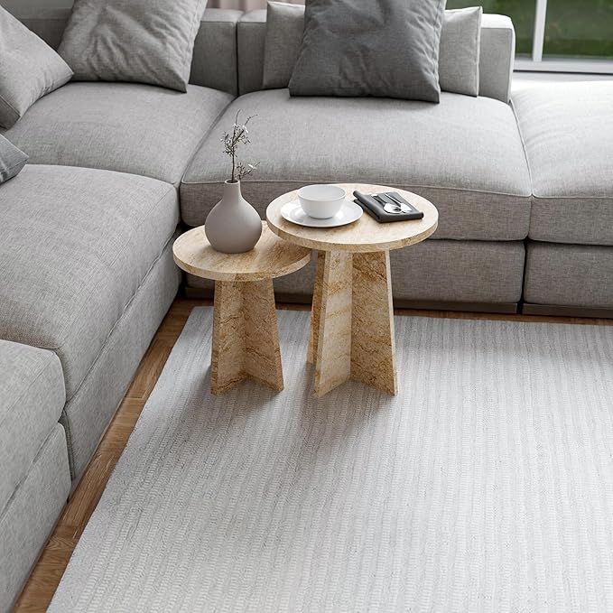 Travertine Efect Round Nesting Coffee Table Set of 2 Modern Coffee Table Small - Image 7